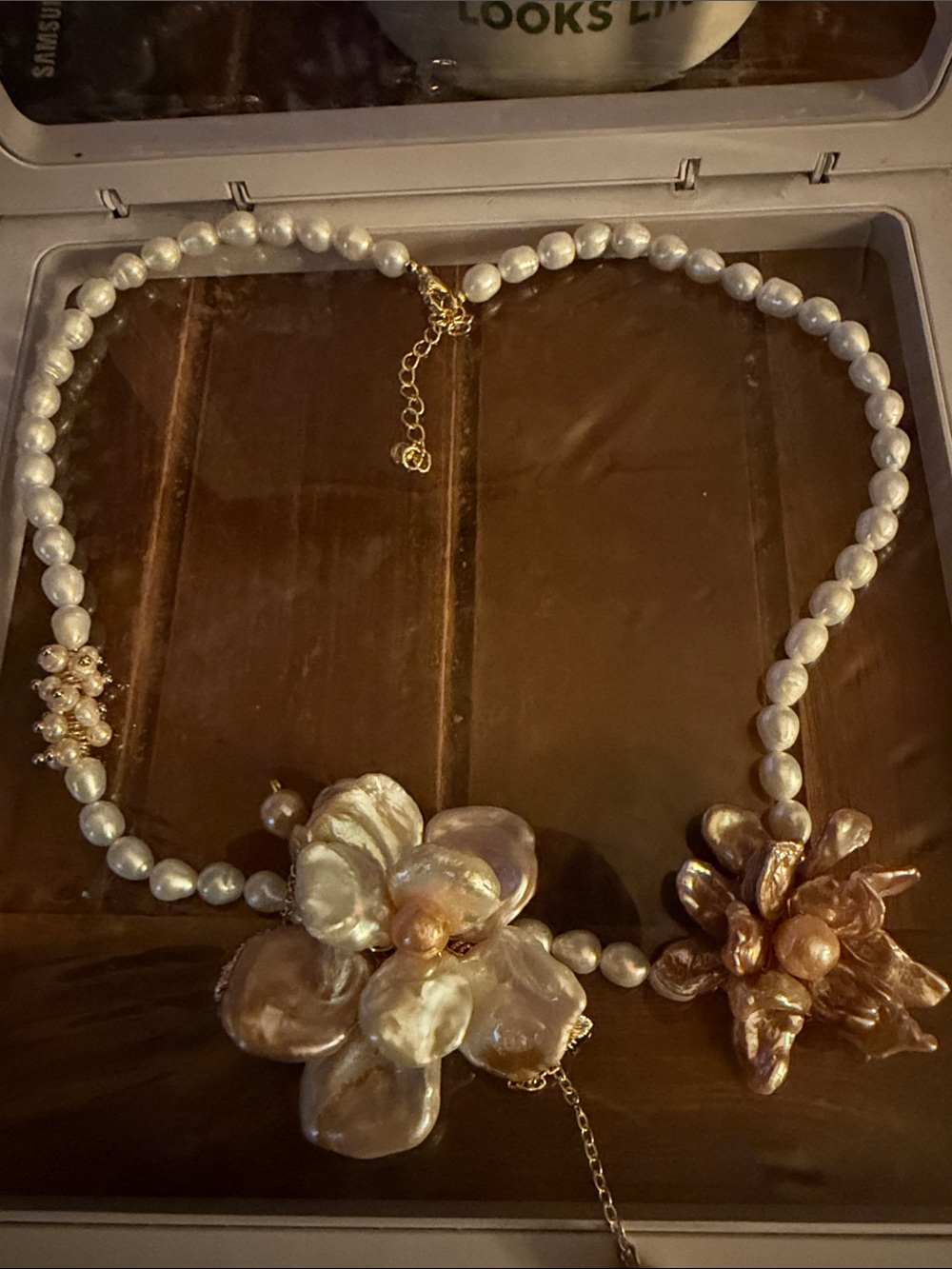 Real Natural Pearls Beaded Floral Necklace - Gold-Tone